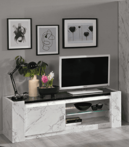 Edina Night TV Stand White And Black Marble Gloss  ChicParadisLu