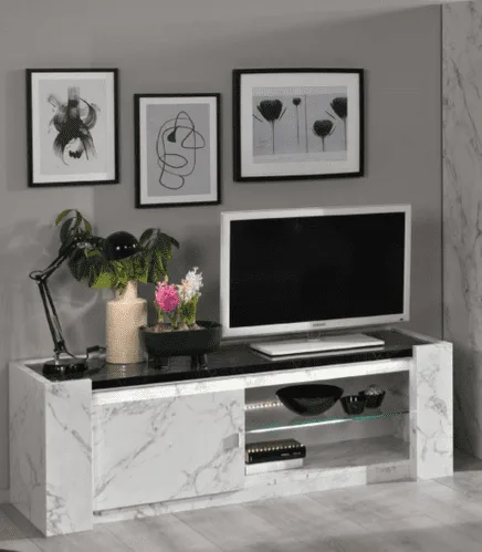 Edina Night TV Stand White And Black Marble Gloss  ChicParadisLu