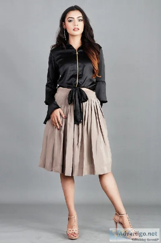 Sale Black Satin Top with Pleated Skirt for Ladies Online