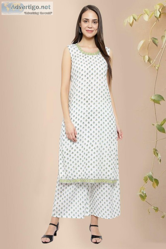 Block Printed Round Neck Cotton White Kurta - Rose Shree