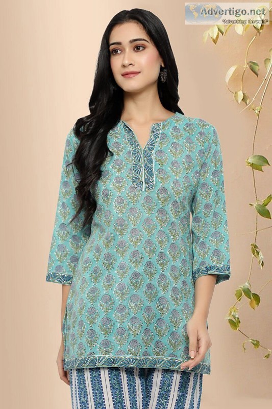 Bharathi Green Cotton Block Print Kurti- Rose Shree