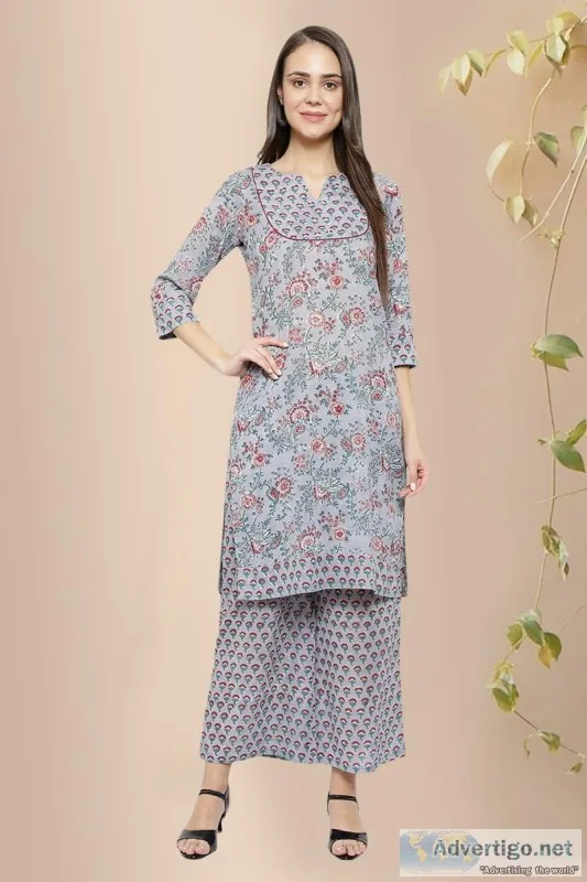 Gray Block Printed Straight Cotton Kurta - Rose Shree