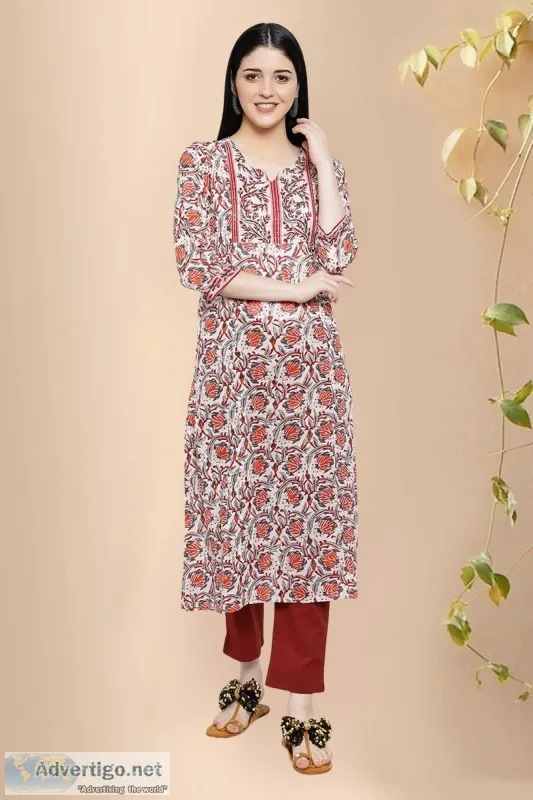 Sophia Cotton Block Print Stylish Kurta - Rose Shree