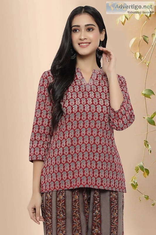 Saraswathi Block Print Cotton Short Kurti - Rose Shree