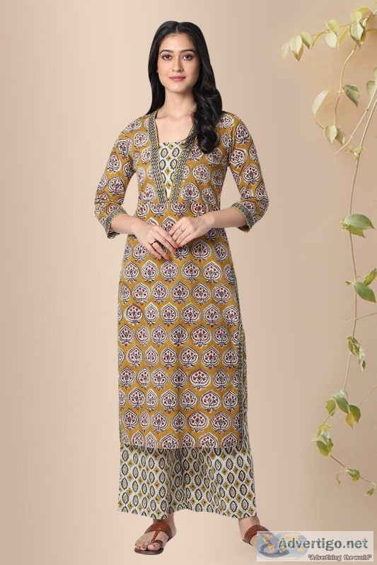 Pallav Sarson Buta Cotton Straight Kurta-Rose Shree