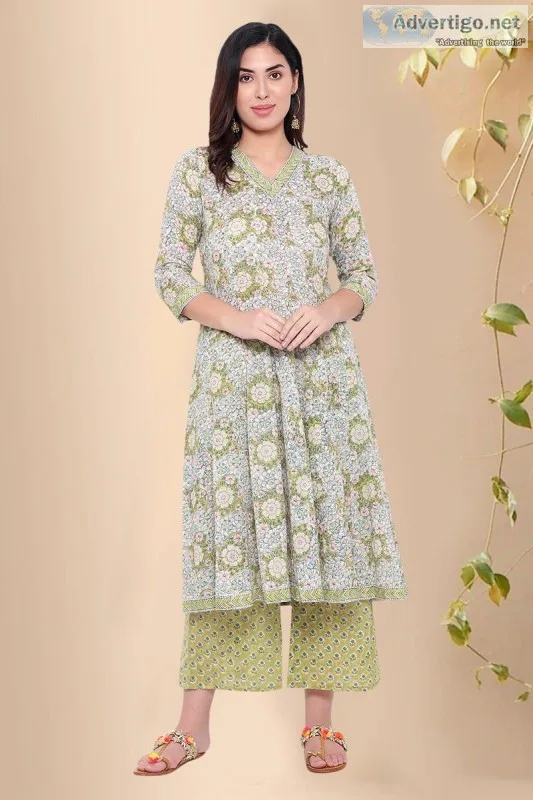Green Gorgeous Cotton Block Print Kurti - Rose Shree
