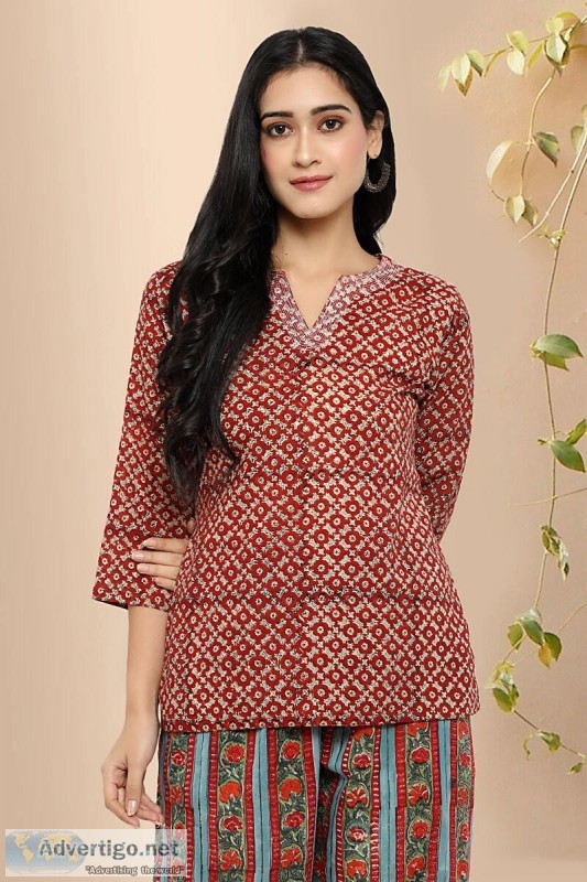 Vilasam Red Buti cotton Block Print Kurti -Rose Shree