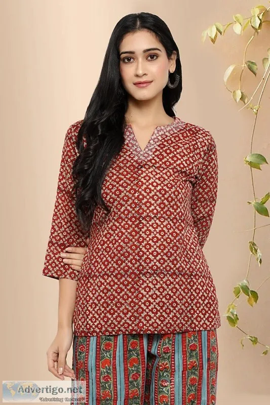 Vilasam Red Buti cotton Block Print Kurti -Rose Shree