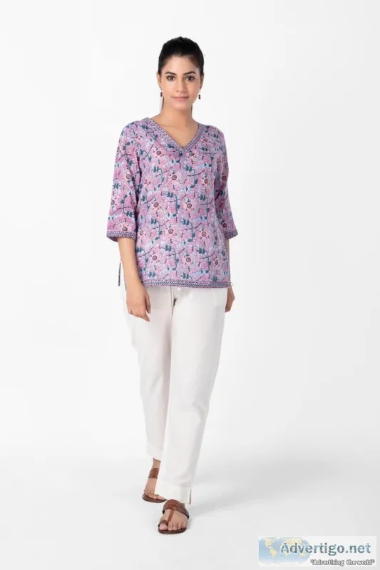 Khilana in Blues Cotton block print Top - Rose Shree