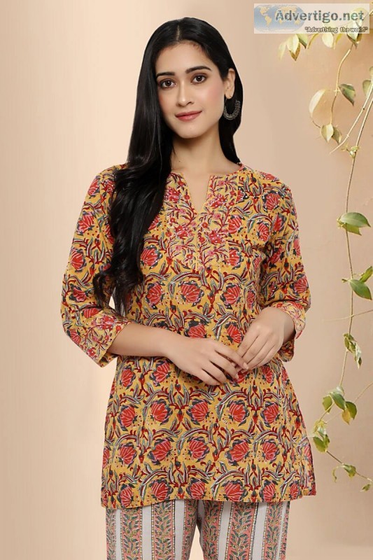 Paudwal Block Print Cotton Short Kurti - Rose Shree