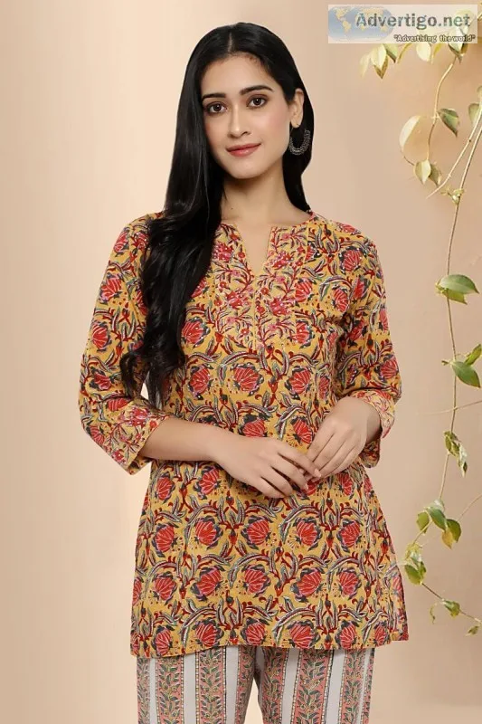 Paudwal Block Print Cotton Short Kurti - Rose Shree