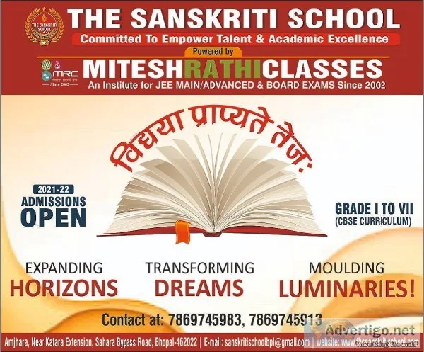 THE SANSKRITI SCHOOL BHOPAL - ADMISSION OPEN