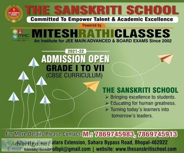 Admission Open In Bhopal For The Sanskriti School