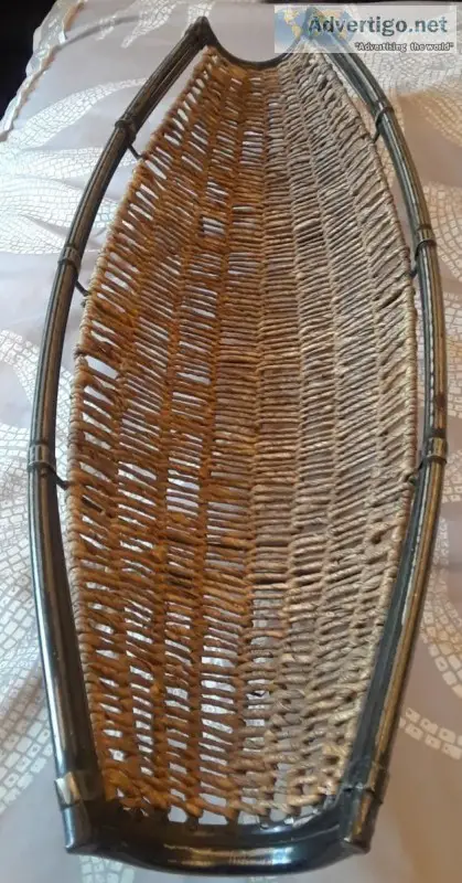 Woven Wicker and Metal Canoe Shaped Basket