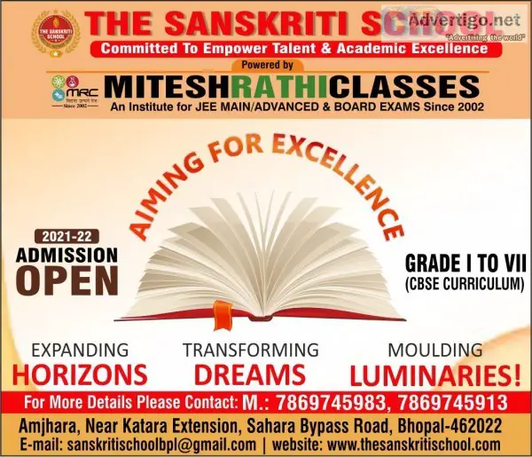 The sanskriti school, best cbse school, admission open in bhopal