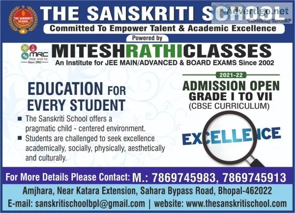 The sanskriti school, admission open, best school in bhopal