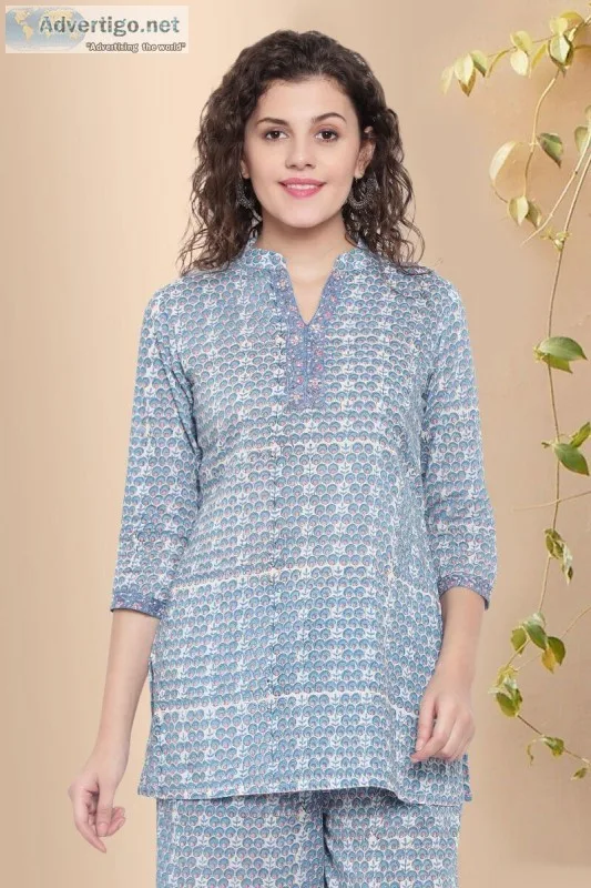 Blue Blossom Cotton Block print Top- Rose Shree
