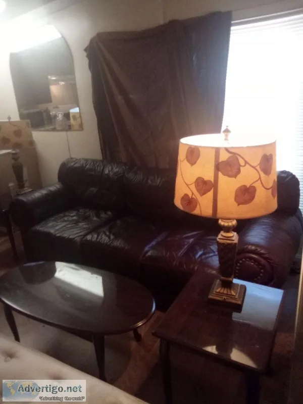 Leather Sofa with tables n lamps
