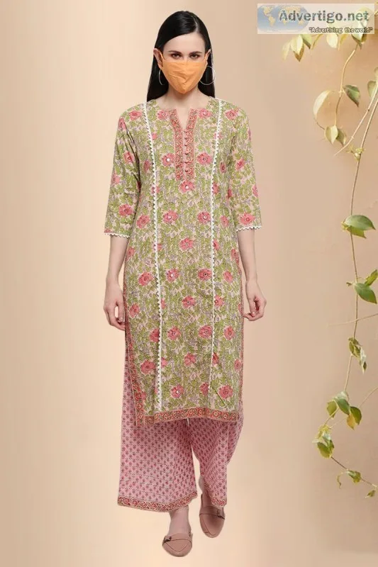 Shobha Pink Cotton Block Print Straight Kurta - Rose Shree