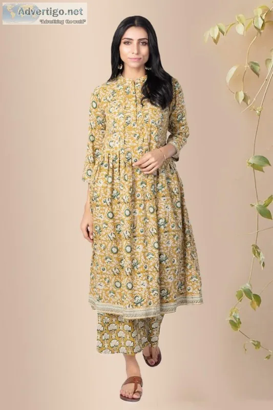 Bhumi Jaal Gathers Cotton Block Print Kurta- Rose Shree