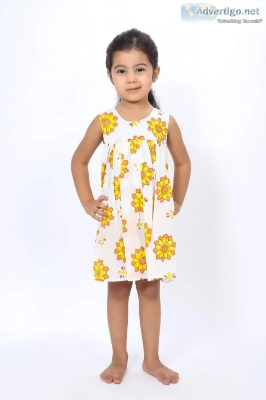 Yellow Sunflower Block Printed sleeveless Frock for girls