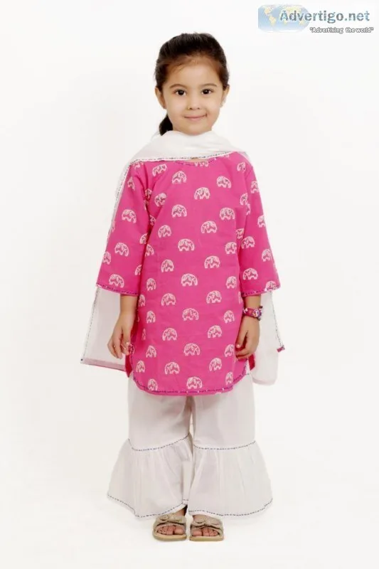 Pink Elephant Block Print Sharara Set of 3