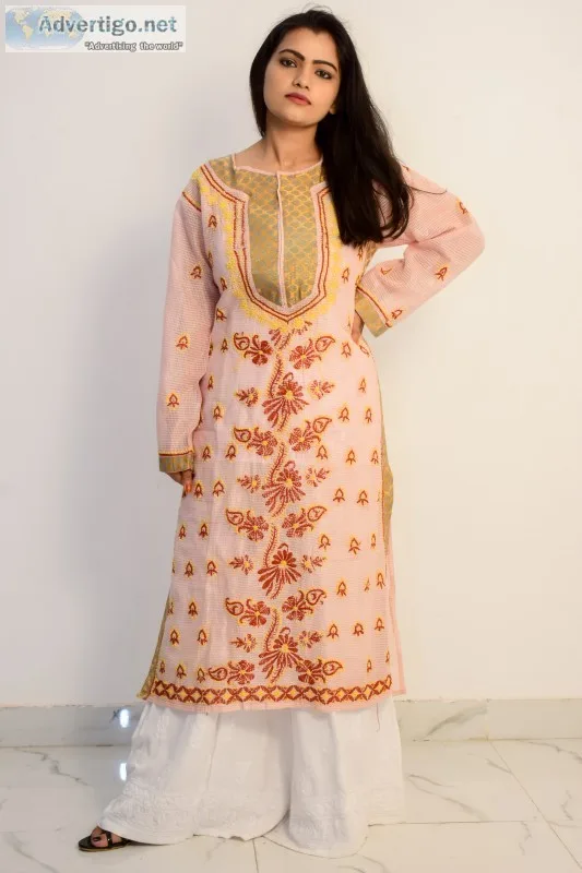 Buy hand embroidered lucknowi chikan peach and red cotton kurti