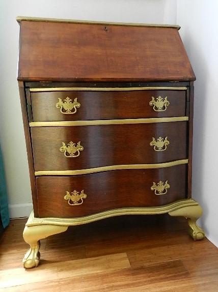 Antique 1940 s Governor s Desk with Painted Gold Accents Claw Fe
