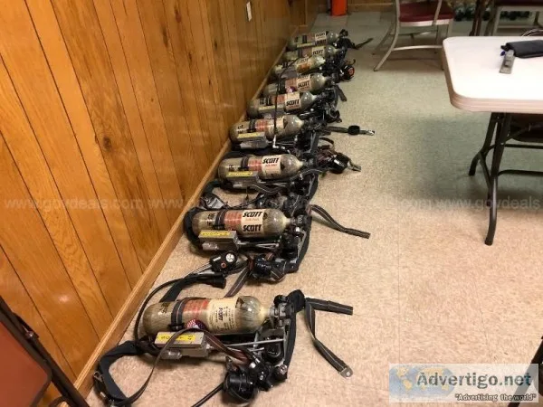 9 Scott SCBA air packs w extra masks bottles and buddy hose conn