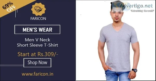 Solid Men V Neck Brown Short Sleeve T-Shirt