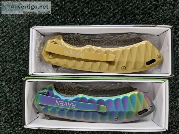 Gold and rainbow Raven pocket knife SET OF 2
