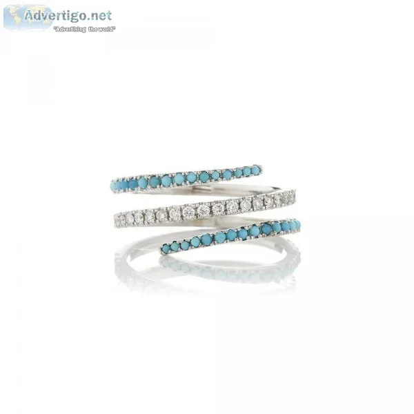 WHITE GOLD DIAMOND TURQUOISE SPIRAL RING - Sofia Jewelry