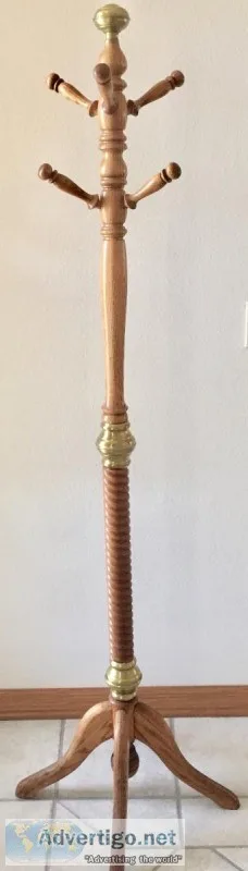 New - Vintage Antique Standing Solid Oak WoodBrass Coat Hanger