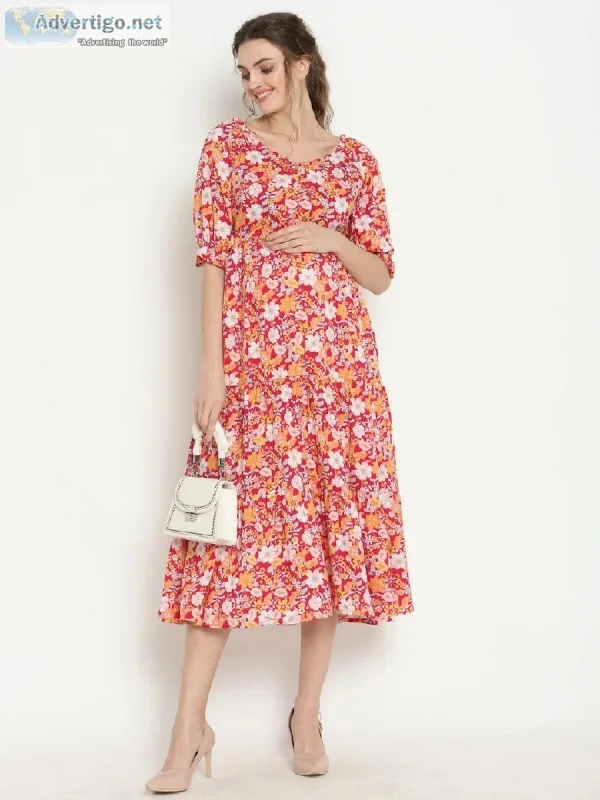 Multicolor Nursing Friendly Maternity Tiered Dress