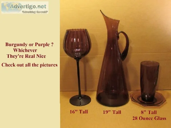Burgundy or Purple Glassware Pitcher Vase Bowl on Pedestal Glass