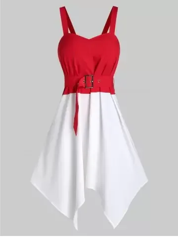Sleeveless Belted Contrast Handkerchief Dress