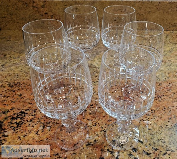 Set of 6 Bohemia Crystal Etched Wine Glasses With Diamond Ball S