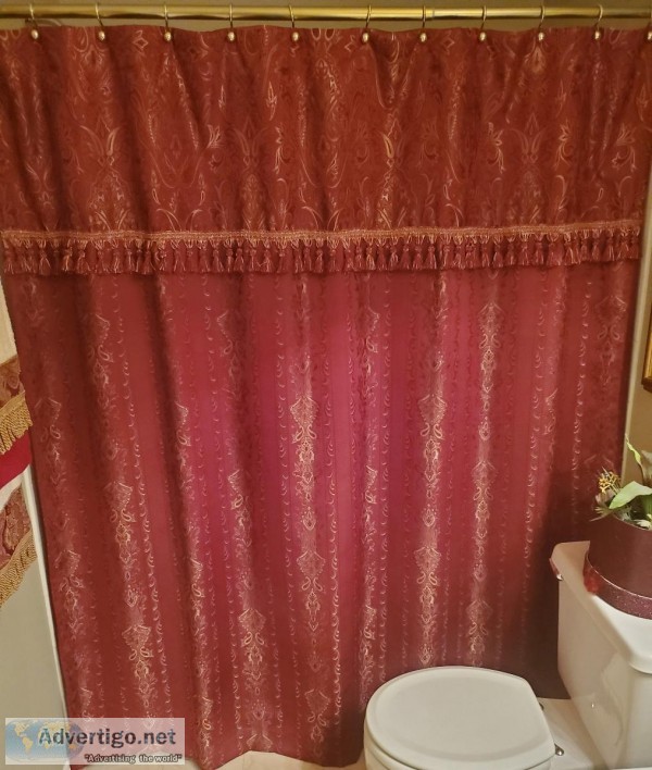 Decorative Burgundy and Gold Shower Curtain wTassels.  Gold Hook