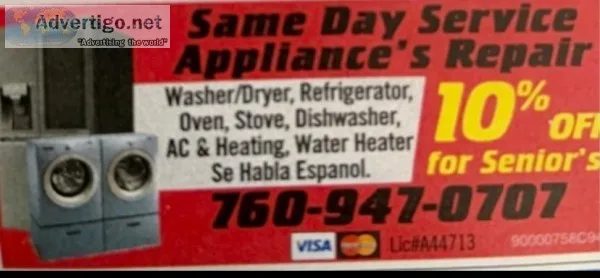 SAME DAY SERVICE  APPLIANCE REPAIR -AC and HEATING
