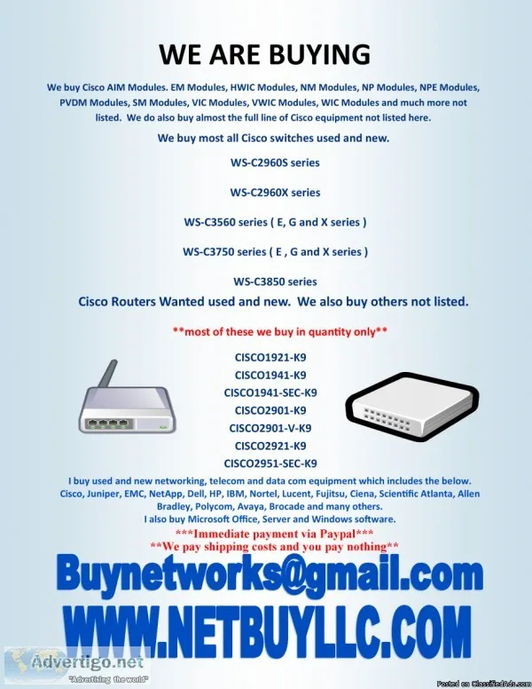 &lt WANTED TO BUY &gt WE BUY USED AND NEW COMPUTER SERVERS NETWO