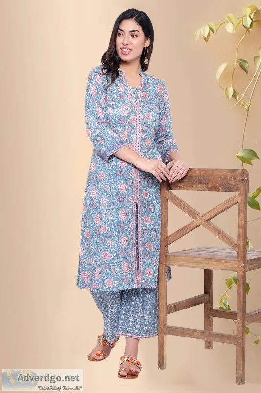 Blue Blossom Cotton Block print Long Kurti - Rose Shree