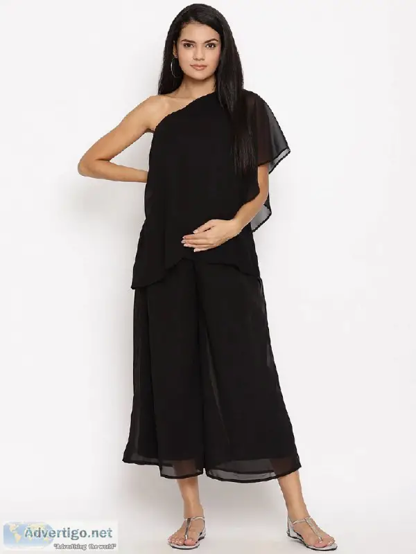 2pc. Maternity One-Shoulder Top with Pants Set - Black