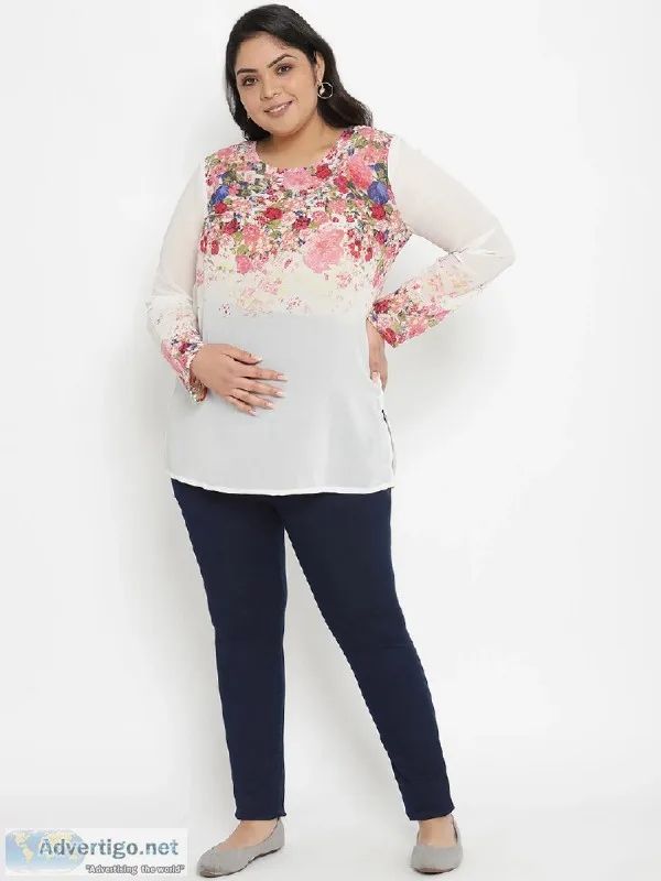Plus-Size Maternity Top White Floral Print Georgette