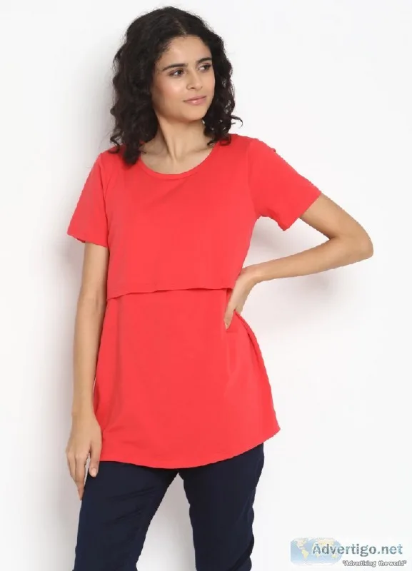 Short Sleeve Cotton Zipper Nursing T-shirt - Orange