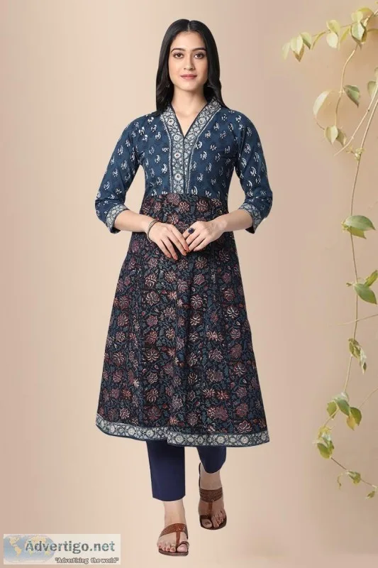 Nindey cotton Block print Anarkali Kurta- Rose Shree