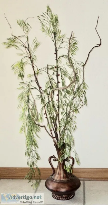New - Antique-Finish Metal Vase and Silk Plants Arrangement