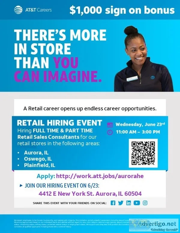 ATandT RETAIL HIRING EVENT (&bullAurora IL &bullOswego IL &bullP