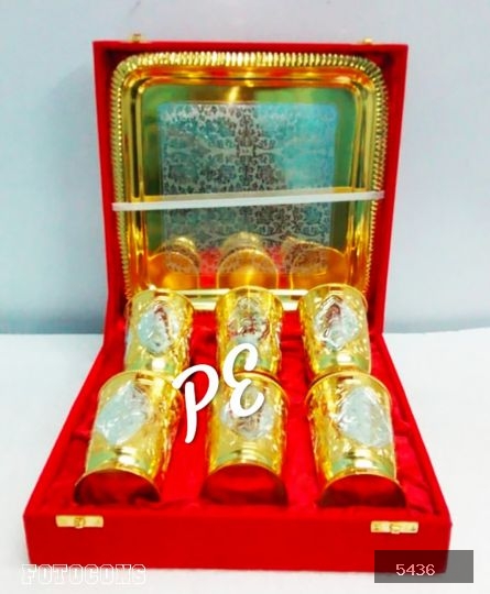 Pure brass lemon glass set in velvet gift box 6 glass & tray