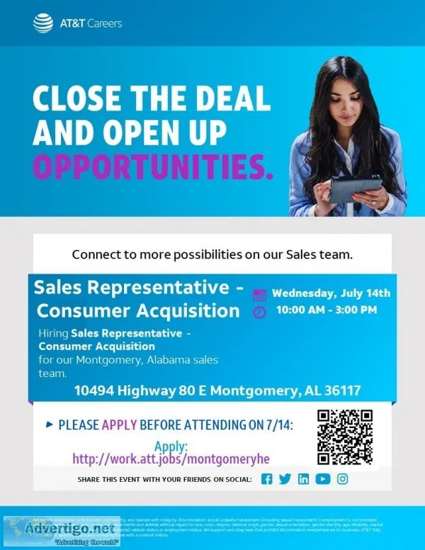 ATandT HIRING EVENT &ndash Sales Representative - Consumer Acqui