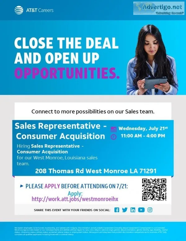 ATandT HIRING EVENT &ndash Sales Representative - Consumer Acqui